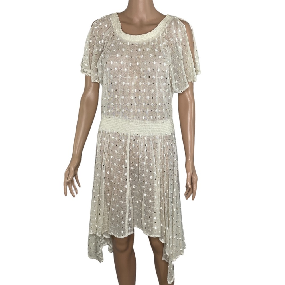 Anthropologie Leifnotes Dot Gleam Sequined Dress Hi Low Beige Cream Gold Size 8